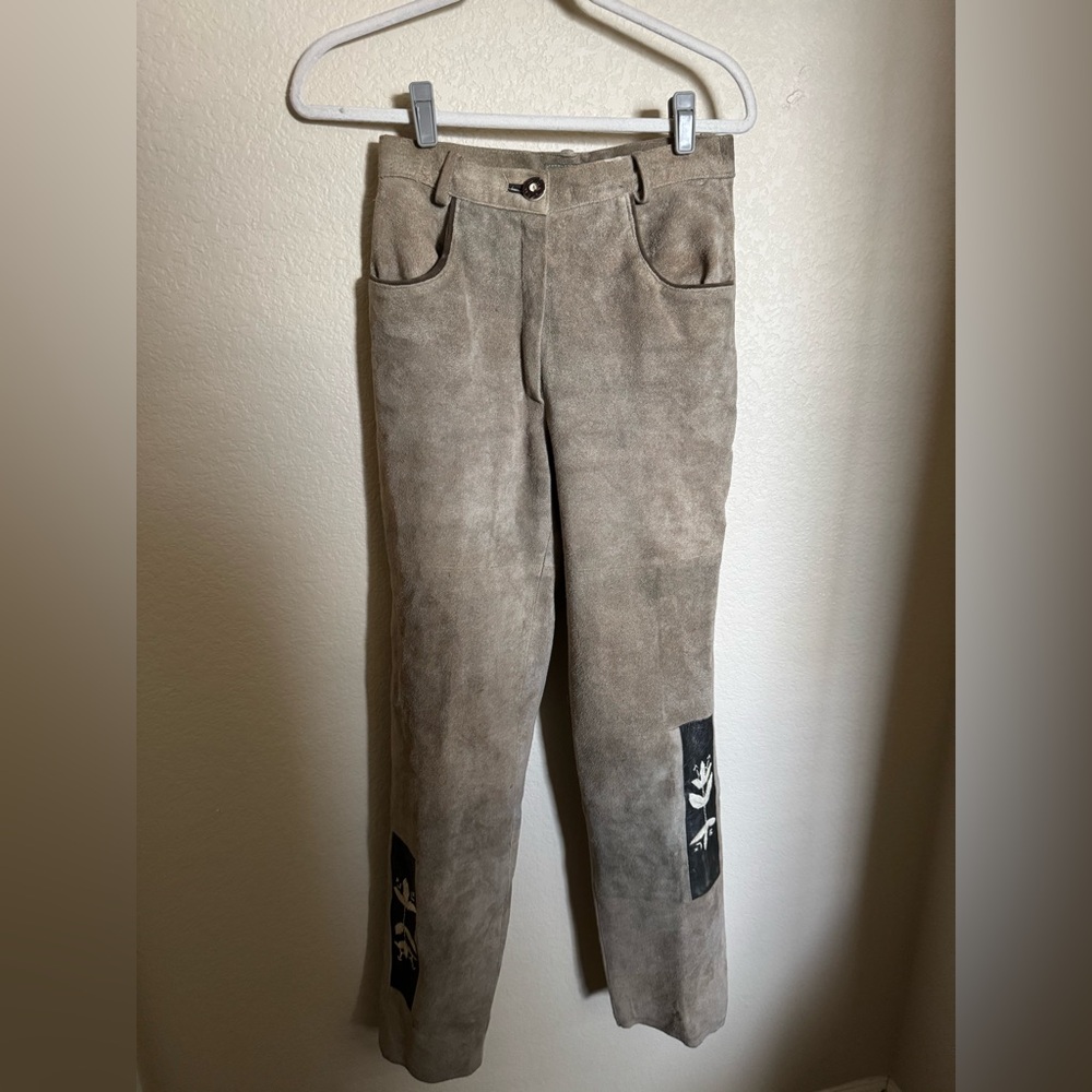 Vintage leather suede pants embroidered‎ german oktoberfest sz XS tan